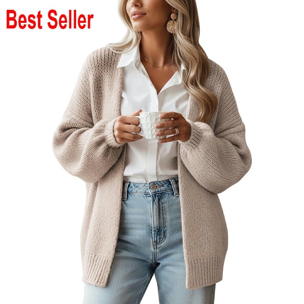 Oversized Chunky Knit Cardigan Lantern Sleeve Open Front Slouchy Cozy Sweater